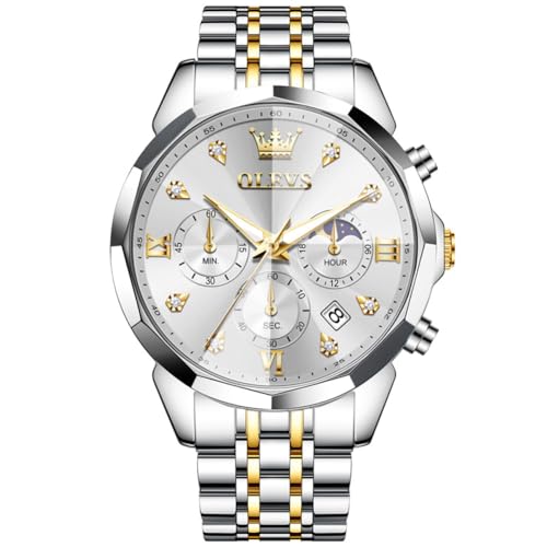 OLEVS Männer Uhr Quarz Luxus Business Uhren Multifunktion Chronograph Mondphase wasserdicht Leuchtend weißes Gesicht Silber Edelstahl Armbanduhr von OLEVS