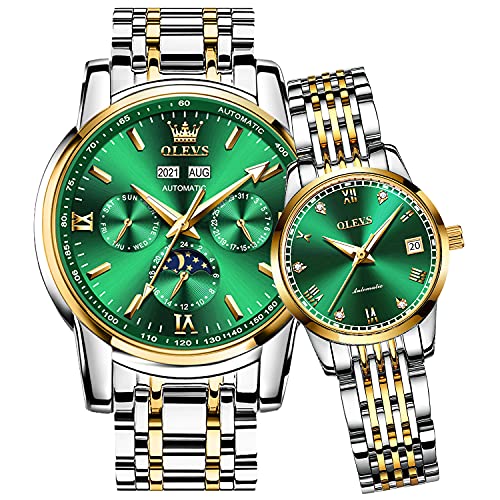 OLEVS Paar Armbanduhr, automatisch, für Damen und Herren, für Sie und Ihn, mechanisch, selbstaufziehend, Tourbillon, großes Gesicht, Armbanduhr mit Tag, Datum, Kalender, zweifarbig, Green Couples Moon von OLEVS