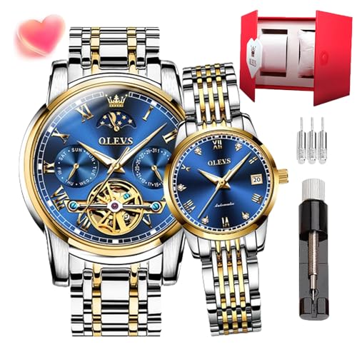 OLEVS Paar Uhren Set mit automatischem mechanischen automatischen Aufzug für Herren Damen Uhren Leuchtend Wasserdicht Edelstahl High-End Casual Business Uhr, 6617-6602, goldfarbenes blaues Armband, von OLEVS