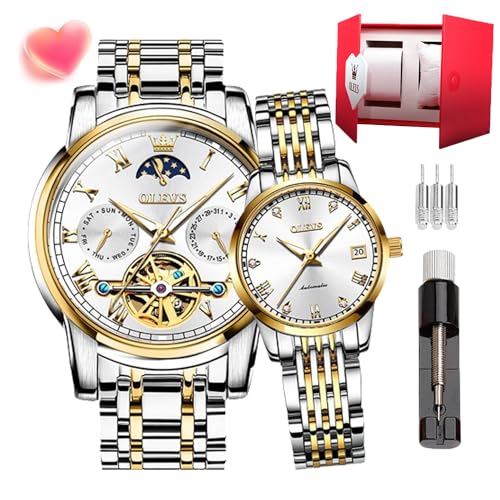 OLEVS Paar Uhren Set mit automatischem mechanischen automatischen Aufzug für Herren Damen Uhren Leuchtend Wasserdicht Edelstahl High-End Casual Business Uhr, 6617-6602-Gold und weißes Uhrenarmband, von OLEVS
