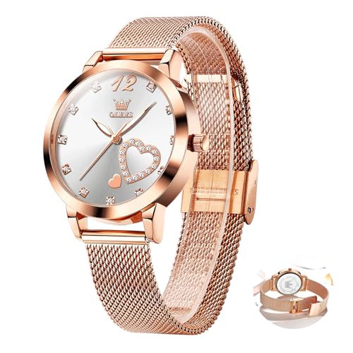 OLEVS Roségold Armbanduhr Damen Mesh Armband Mode Weiblich Uhr Damen Diamant Herzform Klassische Damen Uhren Silber Zifferblatt Wasserdicht Exquisit Analog Uhr für Frauen Leuchtend Quarzuhr Geschenke von OLEVS