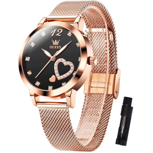 OLEVS Roségold Damen Armbanduhr Schwarz Zifferblatt Diamant Analog Kleid Weiblich Uhr für Frauen Metall Stylish Leuchtende Damen Uhren Exquisit Herzform Quarz Uhr Damen Klassische Wasserdicht von OLEVS