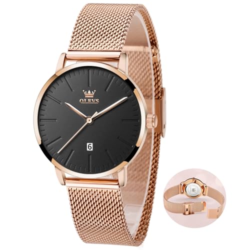 OLEVS Roségold Damenarmbanduhr Schwarz Gesicht Minimalistische Mode Damenuhren für Frauen Quarz Edelstahl Mesh Armband Damen Uhr Kleid Wasserdicht Kalender Uhr Damen Ultra Thin Kleines Handgelenk von OLEVS