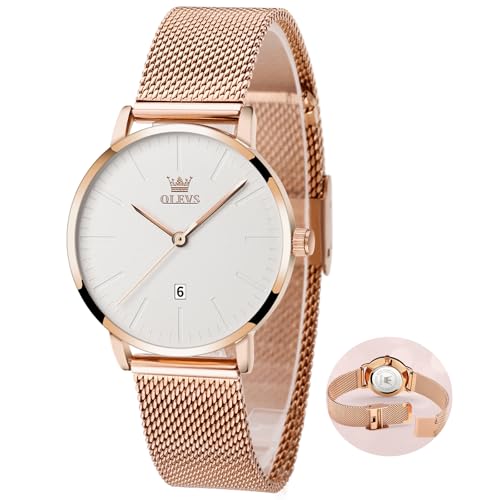 OLEVS Roségold Uhr für Frauen Edelstahl Analog Kleid Uhr Damen Ultradünne Stilvolle Mesh Armband Damen Uhren Weiß Gesicht Wasserdicht Damen Armbanduhr mit Datum Leicht Lesen Frauen Quarzuhr Geschenke von OLEVS