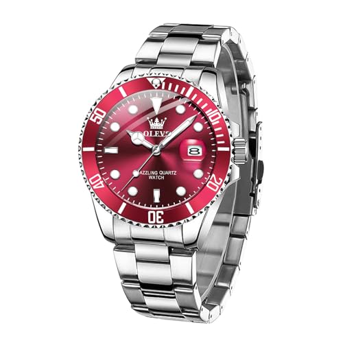 OLEVS Rote Herrenuhr Mode Rundes Zifferblatt Silber Edelstahluhr für Männer Luxus Drehbare Lünette Wasserdicht Elegante Männliche Uhren Quarz Datum Analog Nachtlicht Lässig Kleid Armbanduhr Herren von OLEVS