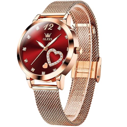 OLEVS Rotes Ultradünne Damenuhren Modish Lässige Rotgold Edelstahl Mesh Armbanduhr Damen Analoger Quarz Wasserdicht Leuchtend Rund Wählscheibe mit Herz Diamante Luxus Kleid Uhr für Frauen von OLEVS