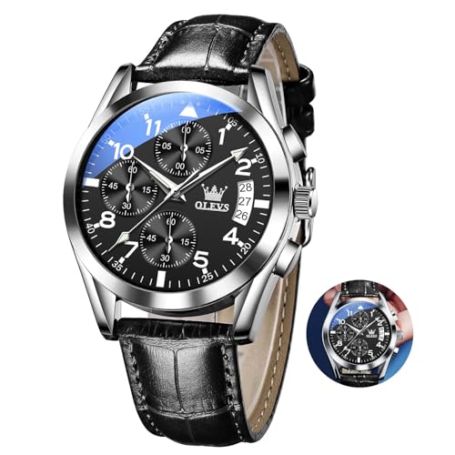 OLEVS Schwarz Armbanduhr Herren Chronograph Analog Kleid Männer Uhren Großes Zifferblatt Lederarmband Herren Uhren Wasserdicht Leuchtend Arabische Ziffern Herrenuhren mit Datum Leicht zu Lesen von OLEVS