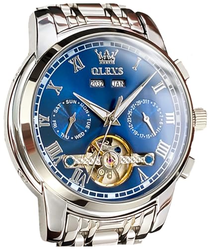 OLEVS Selbstaufziehende Uhren für Männer Automatische Mechanische Kleid Tourbillon Edelstahl Dual Kalender Wasserdicht Leuchtende Armbanduhr, silber, blau, Modern von OLEVS