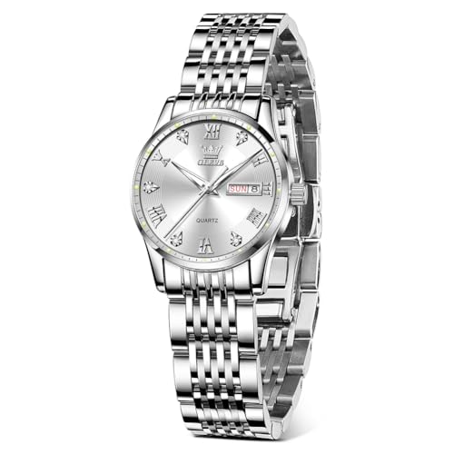 OLEVS Silber Armbanduhr Damen Analog Kleid Weiß Gesicht Kleines Damen Uhren Edelstahl Mode Kalender Uhr Damen Römische Zahlen Diamant Runden Quarzuhr Geschenke für Frauen Leuchtend Wasserdicht von OLEVS