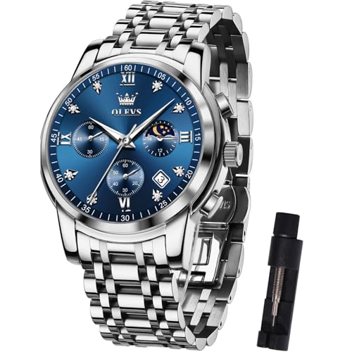 OLEVS Silber Armbanduhr Herren Analog Kleid Luxus Mode Metall Herren Uhren Edelstahl Blau Großes Gesicht Uhr Herren Kalender Leicht zu lesen Wasserdicht Runden Quarzuhr Lässig Geschenke für Herren von OLEVS