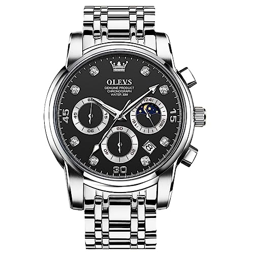 OLEVS Silber Armbanduhr Herren Schwarz Zifferblatt Mode Analog Herrenuhren Edelstahl Chronographen Uhren für Herren mit Datum Wasserdicht Diamant Herren Uhr Leuchtend Mondphase Multifunktional von OLEVS