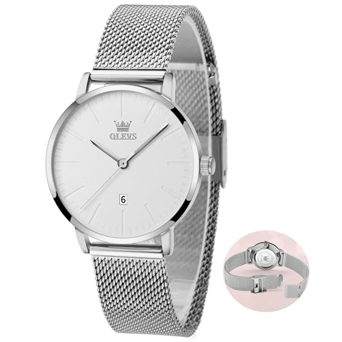 OLEVS Silber Armbanduhren für Damen Eleagnt Metall Mesh Armband Ultradünne Damen Uhr Weiß Gesicht Minimalismus Runden Quarz Uhren Damen Mode Analog Damenuhren mit Kalender Wasserdicht Leicht zu Lesen von OLEVS