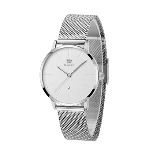 OLEVS Silber Damen Armbanduhr Eleagnt Einfache Metall Armbanduhr Damen Weißfarben Zifferblatt Analog Damenuhr mit Datumsanzeige Wasserdicht Ultradünne Quarzuhr Geschenke für Frauen Leicht zu Lesen von OLEVS