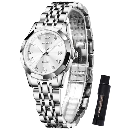 OLEVS Silber Damen Armbanduhr Weiß Gesicht Analog Edelstahl Armbanduhren für Damen Römische Zahlen Diamant Leuchtend Kalender Uhr Damen Wasserdicht Lässig Leicht zu Lesen Quarz Damenuhren Günstig von OLEVS