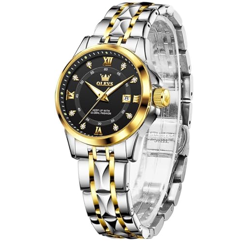 OLEVS Bicolor Uhr Damen Edelstahl Armband Elegante Wasserdicht Damen Armbanduhr Schwarz Zifferblatt Stylish Quarz Kleine Damenuhr mit Datum Silber Gold Analog Metall Frauen Uhr Leuchtend Geschenke von OLEVS