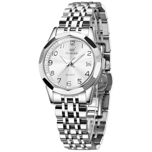 OLEVS Silber Uhren Damen Wasserdicht Edelstahl Damenuhren Klein Weiss Zifferblatt Arabische Ziffern Metallarmband Armbanduhr für Damen Leuchtend Quarz Analog Damenarmbanduhr mit Datum Leicht zu lesen von OLEVS