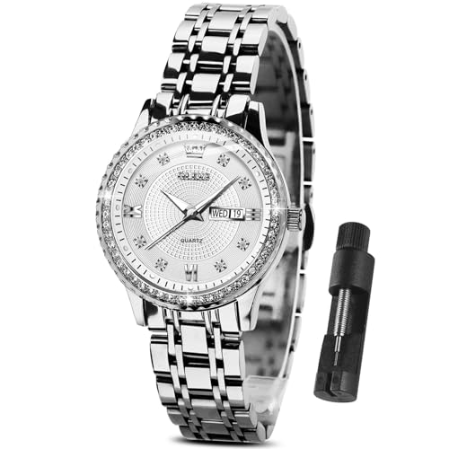 OLEVS Silber Damenuhr Edelstahl Elegante Diamant Wasserdicht Uhren Damen mit Datumsanzeige Moderne Analog Kleid Damen Armbanduhr Weiss Klein Zifferblatt Schicke Quarz Uhren Frauen Leuchtend Geschenke von OLEVS