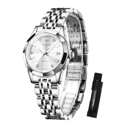 OLEVS Damen Uhr Silber Edelstahlband Analoger Quarz Damenuhr Klassisches Luxus Weiß Kleines Gesicht Römische Ziffern Diamanten Uhr Damen Leuchtend Wasserdicht mit Datum Watches for Women von OLEVS