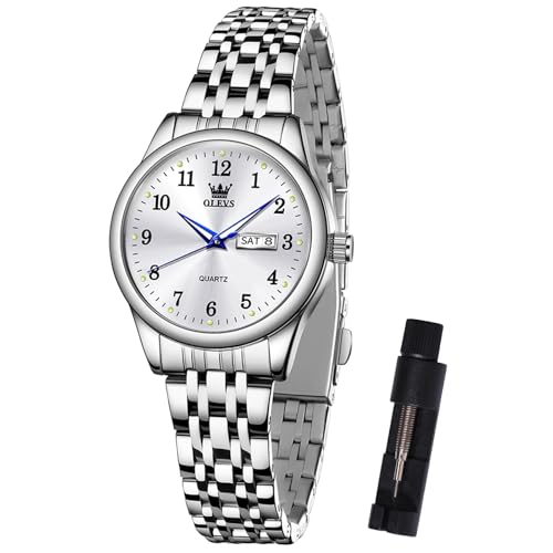 OLEVS Uhr Damen Silber Analog Kleid Klein Zifferblatt Armbanduhr Damen Arabische Ziffern Weiß Edelstahl Damenuhr mit Datumsanzeige Wasserdicht Damenarmbanduhren mit Metallarmband von OLEVS