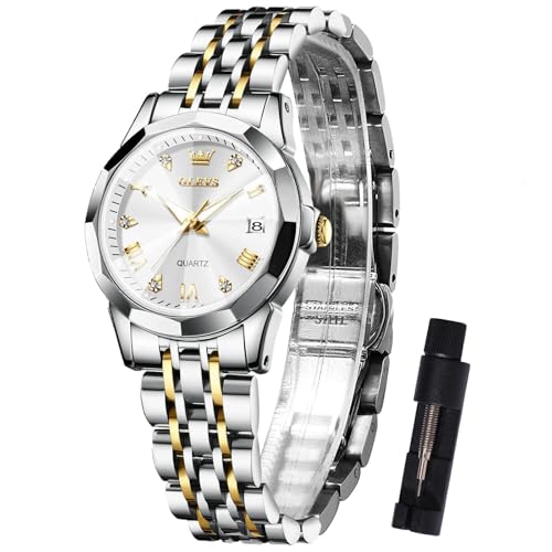 OLEVS Silber Gold Armbanduhren Damen Edelstahl Eleagnt Metallarmband Damenuhren Bicolor klein Wasserdicht Womens Watch Weiß Zifferblatt Moderne Analog Kleid Uhr für Frauen mit Datum von OLEVS