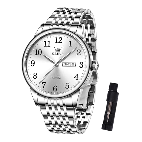 OLEVS Silber Uhr Männer Edelstahl Weiß Zifferblatt Uhren Herren mit Datum Analog Kleid Herrenuhr Metallarmband Quarz Arabische Ziffern Groß Armbanduhr Herren Wasserdicht von OLEVS