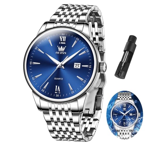OLEVS Silber Uhren Herren Blau Zifferblatt Edelstahl Herrenuhr Metallarmband Wasserdicht Groß Herren Armbanduhr mit Datumsanzeige Moderne Quarz Analog Uhren für Männer Leuchtend von OLEVS