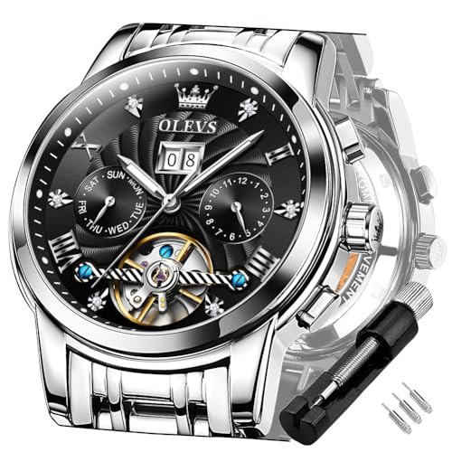 OLEVS Silber Schwarz Automatikuhren für Herren Tourbillon Automatik Mechanik Luxus-Kleid Edelstahl Armband Leuchtend wasserdicht Herren-Armbanduhr von OLEVS