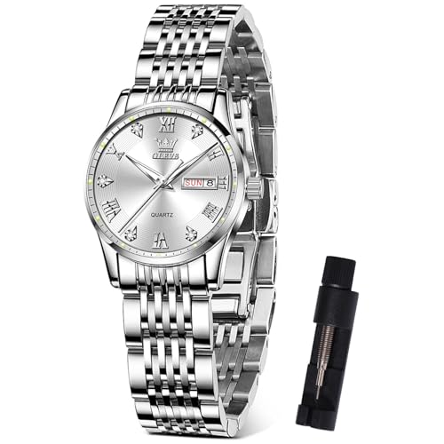 OLEVS Silber Uhr Damen Analog Kleid Quarz Mode Datum Damen Uhren Edelstahl Weiß Zifferblatt Klein Damenuhren mit Römische Zahlen Diamant Leuchtend Wasserdicht Womens Watch Geschenke für Frauen von OLEVS