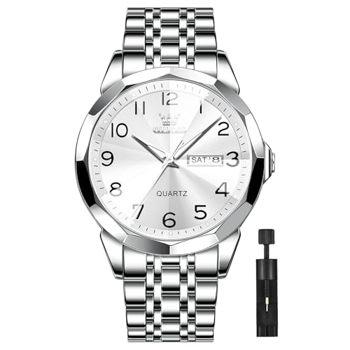 OLEVS Silber Uhr für Herren Weiß Großes Zifferblatt Analog Quarz Herrenuhren mit Datum Leuchtend Kleid Herren Günstig Uhr Breite Handgelenk Lässig Uhren Herren Arabische Ziffern Leicht zu Lesen von OLEVS