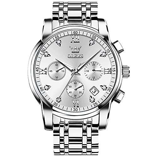 OLEVS Silberne Herrenuhr Großgesicht Chronograph Edelstahl Analoger Quarz Armbanduhr Klassisches Weiß Mode Kleid Herren Uhr Leicht zu lesen Mit Datum Wasserdicht Leuchtend Uhren Herren von OLEVS