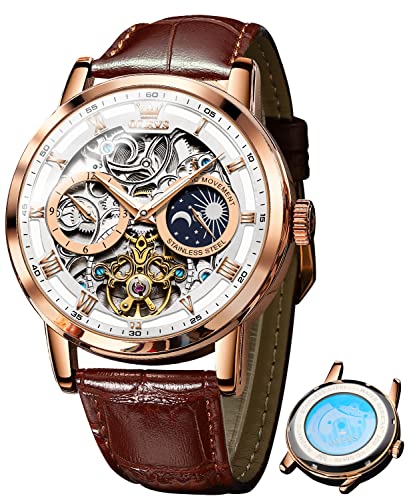 OLEVS Skelett-Uhren für Herren, automatisch, mechanisch, selbstaufziehend, Tourbillon-Lederband, Luxuskleid, Mondphase, Armbanduhr, wasserdicht, leuchtend, Braunes Armband, weißes Zifferblatt von OLEVS