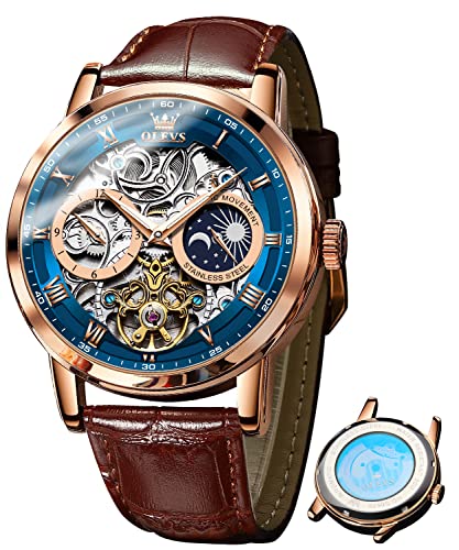 OLEVS Skelett Uhren für Herren Automatik Mechanisch Selbstaufzug Tourbillon Lederband Luxus Kleid Mondphase Armbanduhr Wasserdicht Leuchtend, Braunes Armband, blaues Zifferblatt, Classic von OLEVS