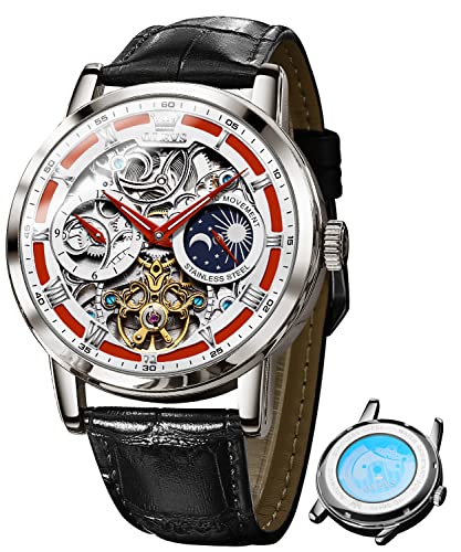 OLEVS Skelett Uhren für Herren Automatik Mechanisch Selbstaufzug Tourbillon Lederband Luxus Kleid Mondphase Armbanduhr Wasserdicht Leuchtend, Schwarzes Armband, rotes Zifferblatt, Classic von OLEVS