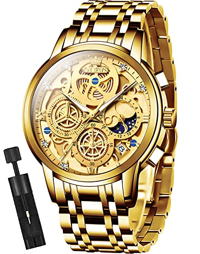 OLEVS Skelettuhren für Herren Gold Analog Quarz Multifunktional Chronograph Easserdicht Luxuriös Modisch Leuchtend Armbanduhren für Herren von OLEVS