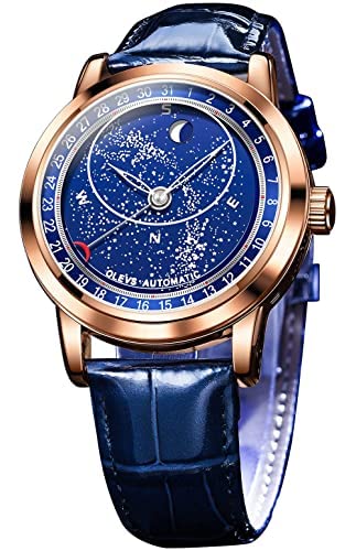 OLEVS Sternenhimmel Mondphase Herren Automatik Mechanische Uhren Blau Leder Luxus Kleid Wasserdicht Leuchtende Armbanduhren, Silber-blaue Uhr von OLEVS