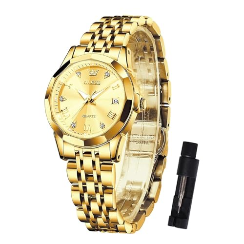 OLEVS Goldene Uhr Damen Luxus Gold Kleines Gesicht Edelstahl Analoger Quarz Damenuhren Klassisches Römische Ziffern Diamant Kleid Uhr Leuchtend Wasserdicht mit Datum Armbanduhr Damen von OLEVS