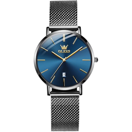 OLEVS Uhr Damen Klassisches Schwarz Mesh Edelstahlband Uhr mit Datum Blau Ultra Slim Minimalismus Großes Zifferblatt Armbanduhr Damen Wasserdicht Runden Analoger Quarz Damenuhr von OLEVS