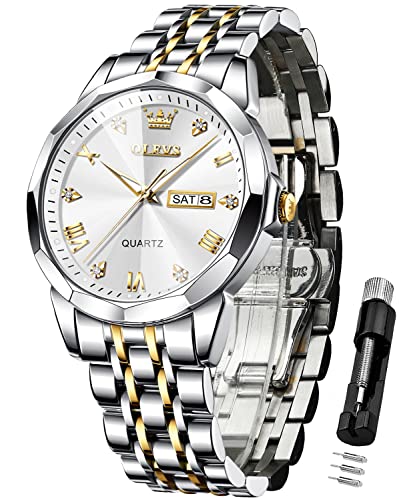 OLEVS Uhren Herren Diamant Business Kleid Analog Quarz Edelstahl Wasserdicht Leuchtdatum Zweifarbig Luxus Casual Armbanduhr Geschenke für Männer von OLEVS