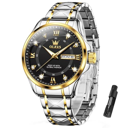 OLEVS Bicolor Uhren Herren Edelstahl Modern Analog Herrenarmbanduhr Wasserdicht Mode Gold Silber Metall Herrenuhr Schwarz Zifferblatt Kleid Leuchtend Armbanduhr Herren mit Datum Geschenke für Männer von OLEVS