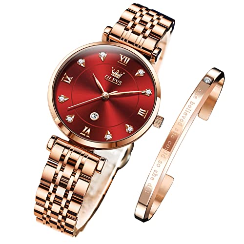 OLEVS Uhren für Frauen Roségold Mode Elegant Kleid Diamant Analog Quarz Damen Uhren Edelstahl Datum Wasserdicht Damenuhren, rot von OLEVS