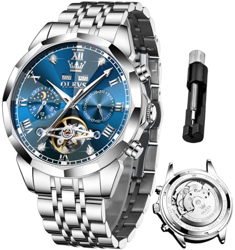 OLEVS Uhren für Herren, automatisch, mechanisch, luxuriös, großes Zifferblatt, selbstaufziehend, Tourbillon, Skelett, leuchtende Armbanduhren, G6620: Silbernes Band und blaues Zifferblatt, Luxuriöses OLEVS Uhren für Herren, automatisch, mechanisch, luxuriös, großes Zifferblatt, selbstaufziehend, Tourbillon, Skelett, leuchtende Armbanduhren, G6620: Silbernes Band und blaues Zifferblatt, Luxuriöses von OLEVS