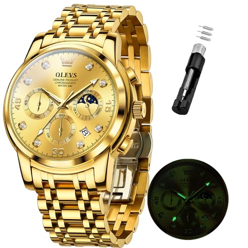 OLEVS Uhren für Herren Diamant Luxus Kleid Chronograph Quarz Uhr Business Casual Datum Mondphase Herrenuhr Wasserdicht Leuchtende Edelstahl Herrenuhr, All Gold Uhren für Herren, Armband von OLEVS