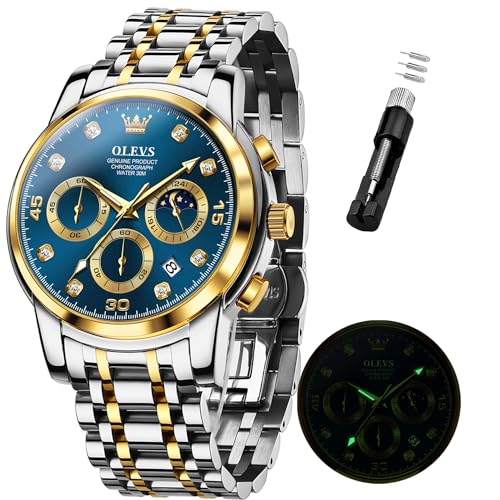 OLEVS Uhren für Herren Diamant Luxus Kleid Chronograph Quarz Uhr Business Casual Datum Mondphase Herrenuhr Wasserdicht Leuchtende Edelstahl Herrenuhr, Armband aus Gold und Silber und blauem von OLEVS