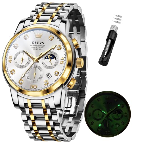 OLEVS Uhren für Herren Diamant Luxus Kleid Chronograph Quarz Uhr Business Casual Datum Mondphase Herrenuhr Wasserdicht Leuchtende Edelstahl Herrenuhr, Armband aus Gold und Silber und weißem von OLEVS