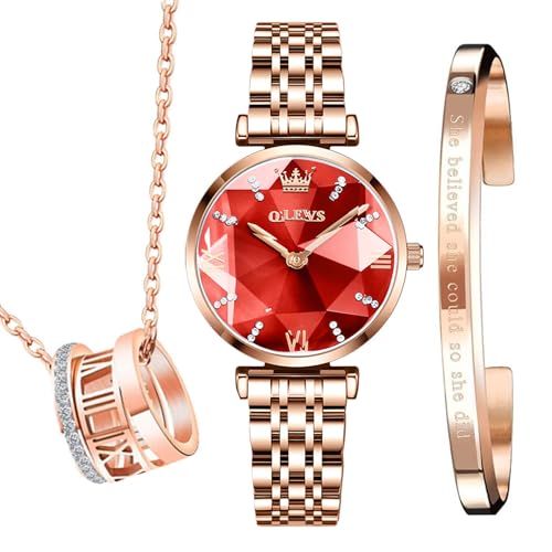 OLEVS Luxuriöse Damen-Armbanduhr, Roségold, schlank, dünn, leicht, Edelstahl-Mesh-Uhren, modisch, wasserdicht, Damen-Armbanduhr, verstellbares Armband, G6642 3-teiliges Set, rotes Zifferblatt, von OLEVS