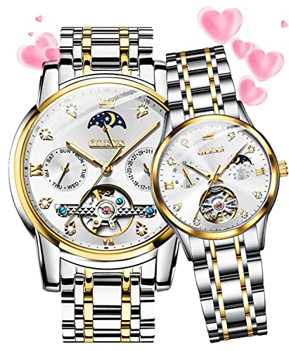 OLEVS Valentines Paar Automatikuhren für Sie und Ihn Paar Set Diamant Armbanduhr Männer und Frauen Liebhaber Hochzeit Romantische Geschenke Set von 2, AA: Zweifarbiges Band und weißes Zifferblatt, von OLEVS