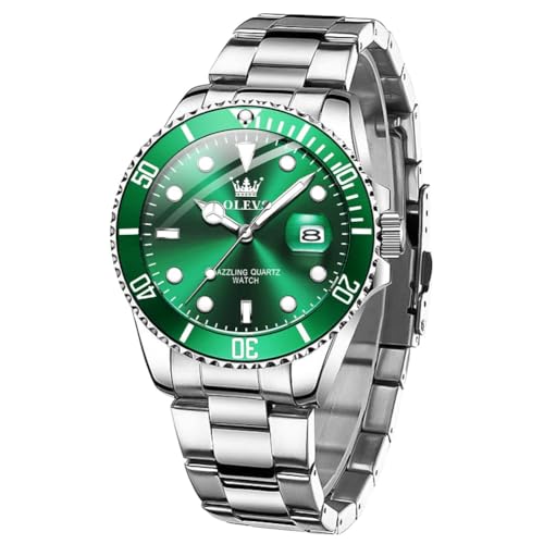 OLEVS Watches for Men Großgesicht Silber Edelstahl Herren Kleid Uhr Klassisches Grün Analog Quarz Wasserdicht Uhren Drehbare Lünette mit Vergrößern Datumsanzeige Herren Armbanduhr von OLEVS