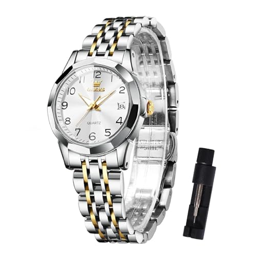 OLEVS Damen Uhr Gold Silber Edelstahlband Analoger Quarz Damenuhr Klassisches Luxus Weiß Kleines Gesicht Arabische Ziffern Diamanten Uhr Damen Leuchtend Wasserdicht mit Datum Watches for Women von OLEVS