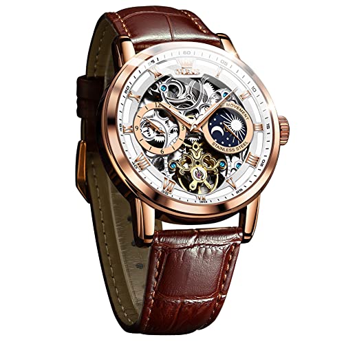 Olevs Herren-Armbanduhr im Skelett-Design, automatischer Aufzug der Mondphasen, Luxus-Kleidung, Armband aus echtem Leder, wasserdicht, Uhr mit Leuchtfunktion, Braun/Weiß von OLEVS