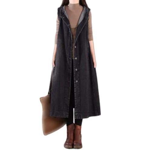 OLGER Ärmellose Jeansweste-Elegante Gewaschene Jeansweste Lange Weste Jeans Plus Size Jeansjacke Mit Kapuze Lässig Sommer Frühlingsjacke Kleid Knopfleiste Jacke Übergangsjacke,Schwarz,XL von OLGER